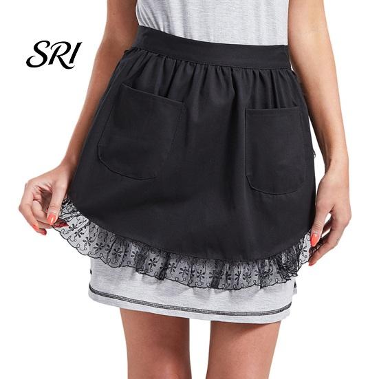 Vintage Kitchen Apron Half with Butterfly Bow & Pockets Lace Hem Waist for Lightweight Coffee Shop Bistro Adjustable Ties Cafe Server Waitress