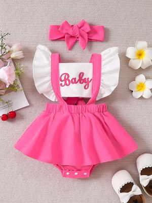 Schattige Baby Meisjes Vliegende Mouw Romper Jurk Kleurcontrast Letterprint Casual Zomer Jumpsuit Jurk Outfit