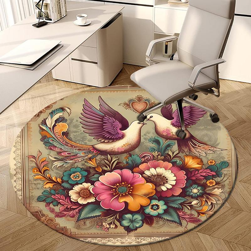 1pc Office Carpet Chair Mats Colorful Floral Doves Illustration Perfect for Decorating Office Chairs, Living Rooms, Or Bedrooms.YDT209