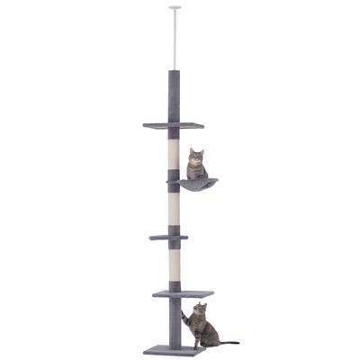 Boden-Decke Katzenbaum 230-260cm Höhe Verstellbar, 5-stöckiger Katzenturm mit Kratzbäumen, Hängematte, Sitzflächen