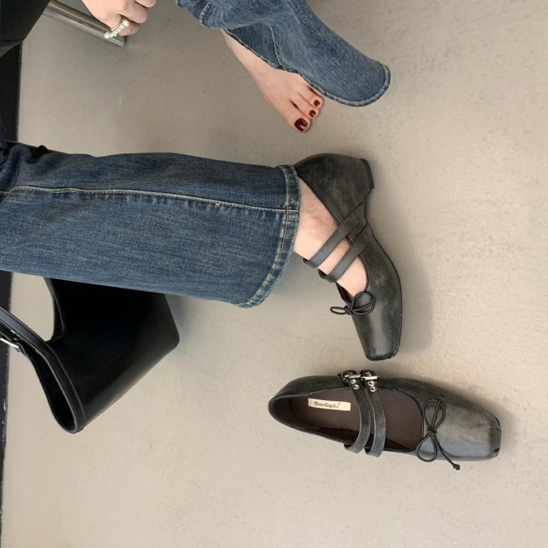 British style bow square head soft leather thick heel Mary Jane shoes women's shoes double breasted light mouth single shoes