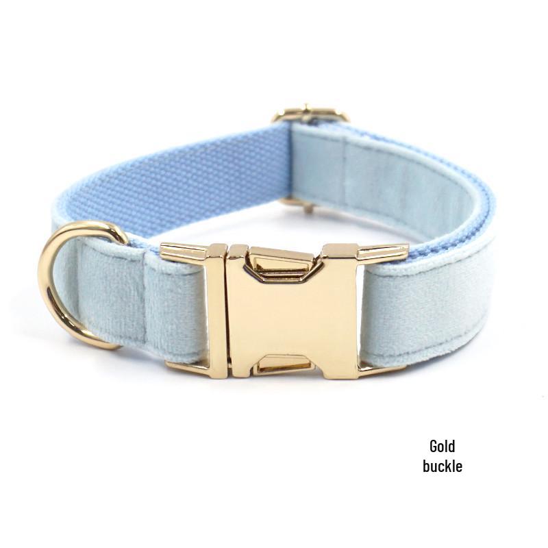 European & American High-End Light Blue Velvet Dog Collar with Gold Buckle - Custom Engraving Available XS