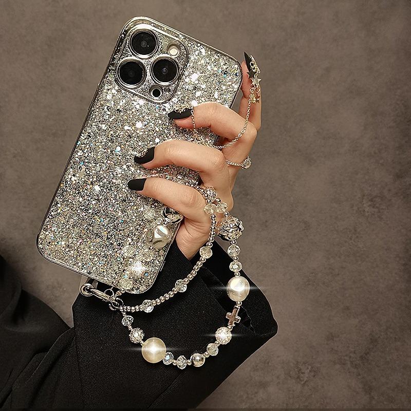 Cordón de Teléfono Móvil Corto Lujoso Perla Cristal Diamante Cuentas de Mano Doble Cadena Pulsera Decoración para Colgar en Funda de Teléfono