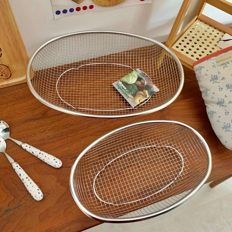Stainless Steel Fruit And Vegetable Basket Oval Drainage Basket Mesh Frame Mesh Screen Kitchen Washing Basket Storage Basket