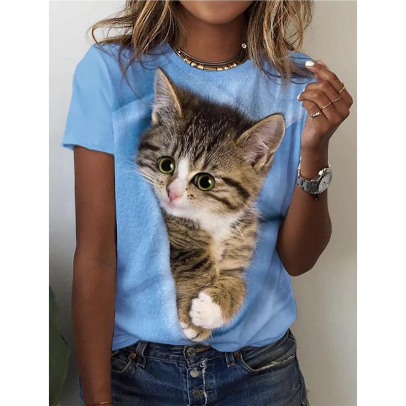 Sommer Rundhals 3D Katzenprint Top Modische Lässige Kurzarm Damen T-Shirts