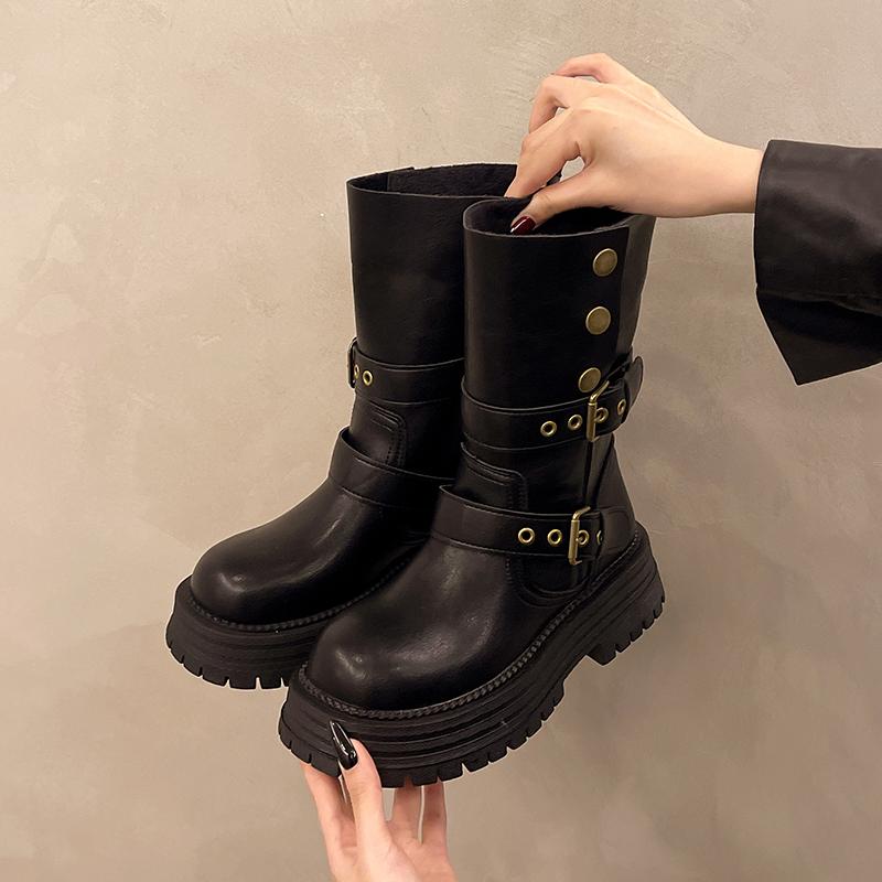 Winter Fashion Platform Women Knight Boots Designer Belt Buckle Thick Bottom Shoes Elegant Mid Calf Booties