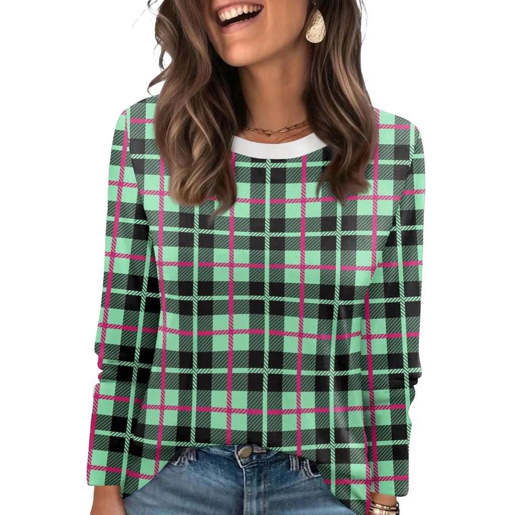 Ladies' Plaid Printed Fashionable Casual Round Neck Long Sleeved Round Neck Top