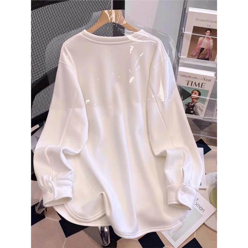 

Белая женская футболка с длинным рукавом большого размера с начесом - Свободный базовый слой для весны, осени, зимы XXL