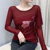 Frühling und Herbst Rundhals Sexy Mesh T-Shirt Damen Langarm Lotus Le Slim Top Unterziehshirt