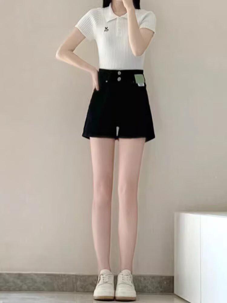 

Женские летние джинсовые шорты А-силуэта с высокой посадкой черного цвета M: Height 155-165CM (95-108 lbs)