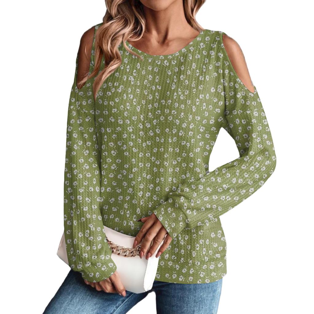 Damen Winter Oversized T-Shirt Modisch Schulterfrei Rundhals Vintage Blumendruck Pullover Langarm Oberteil