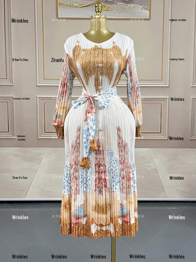 Plus Size African Women's Pleated Dress - Miyake Style, Printed, Lace-up Waist, Elegant Long Fit, Slimming (2026 Collection)