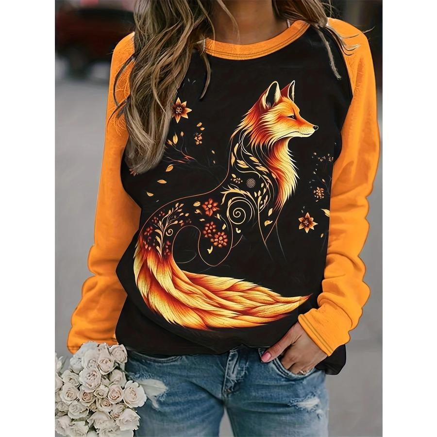 Women's 2024 Sleeves Stitching Fox Print Round Neck Long Sleeve Party Autumn Casual Pullover 3d Printing Casual Fashion Tops