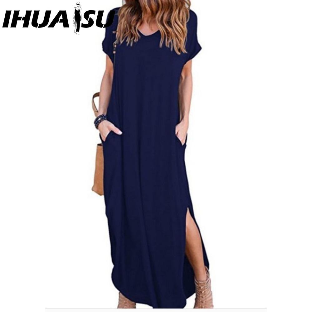 

IHUASU Сексуальное женское платье больших размеров 5XL Летнее однотонное повседневное платье макси с коротким рукавом для женщин Длинное платье Женские платья XXXXXL темно-синий