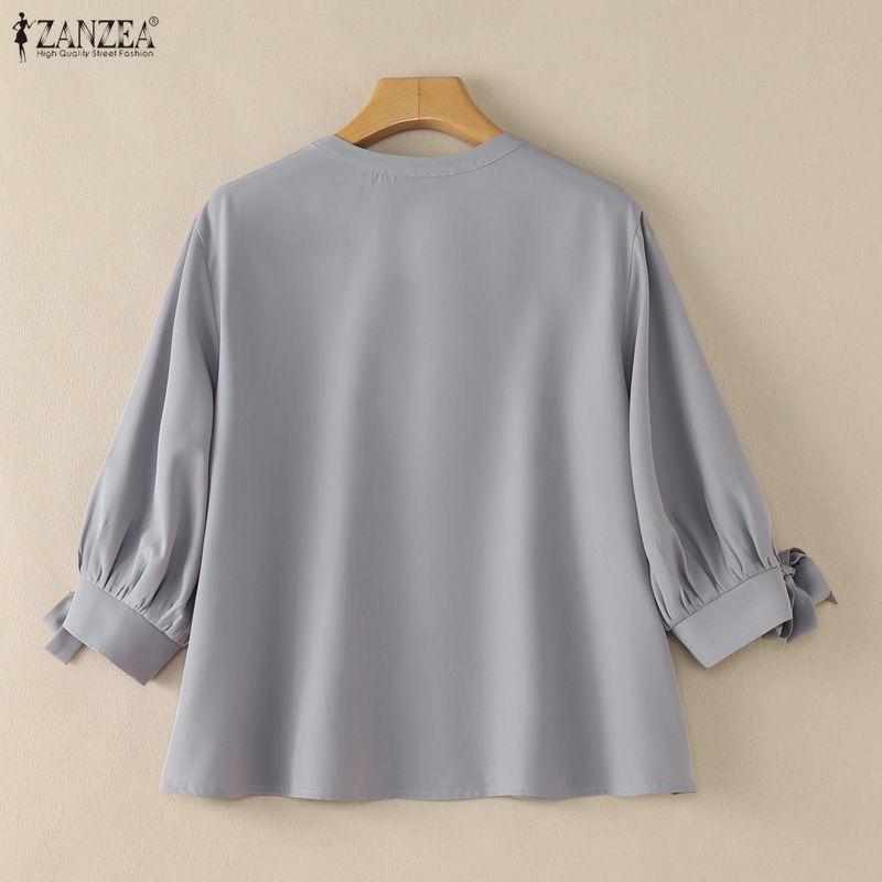 ZANZEA Women Casual Round Neck Solid Color Loose 3/4 Sleeve Blouse