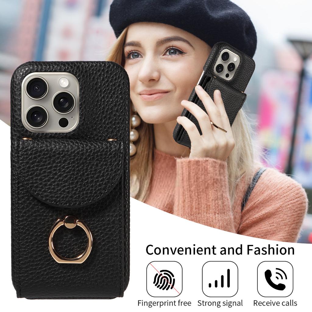 Wysokiej jakości etui na telefon z podstawką pierścieniową i wzorem liczi dla iPhone'a 16 15 14 13 ze smyczą crossbody, ze sztucznej skóry, odporne na upadki