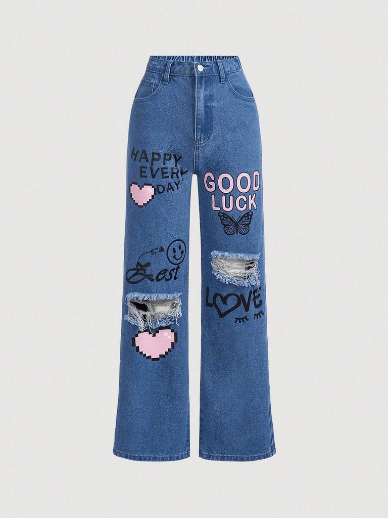 Big Kids Graffiti Wide-Leg Retro Streetwear Jeans