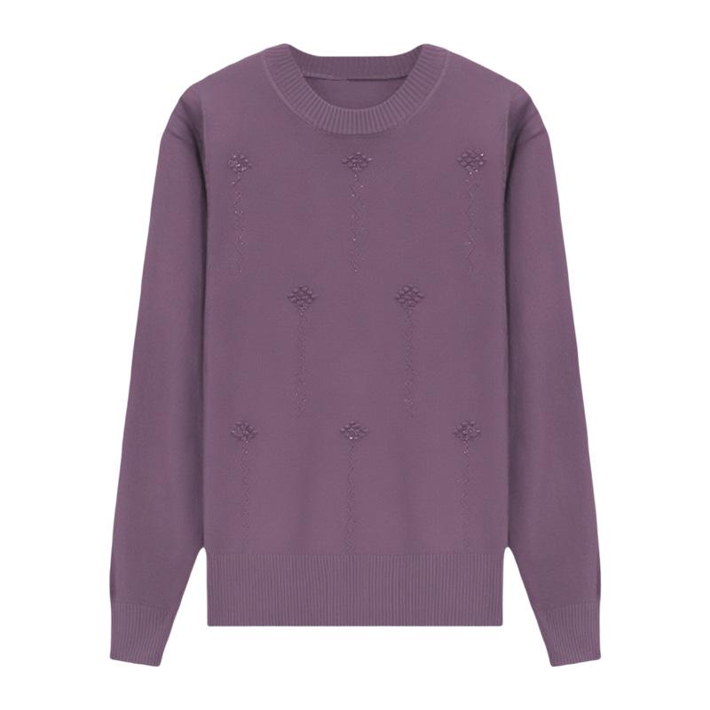 Midlife & Senior Fall Style Round Neck Long Sleeve Loose Fit Versatile Knit Sweater Top
