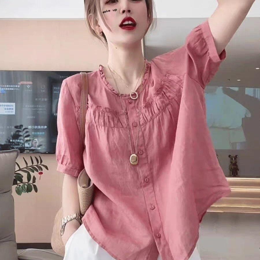 Fresh Pure Cotton Round Neck Shirt with Fungus Lace in Summer New Solid Color Five-quarter Sleeve Shirt Loose and Thin