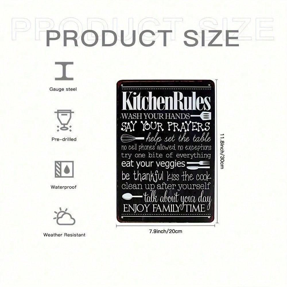 Vintage Metal Sign 12x8 Inch Kitchen Rules Aluminum Wall Decor, Retro American Home Art With Humorous Guidelines For Holiday