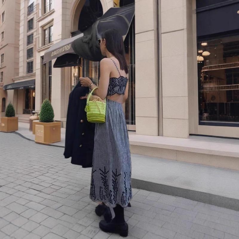 Women's Summer Sexy Spice Street Style Dress Cutout Embroidery Plaid Slip Dress