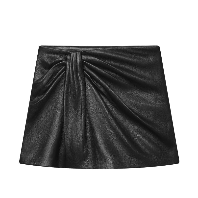 New 2025 European Style Faux Leather Pleated Skort Extra Small