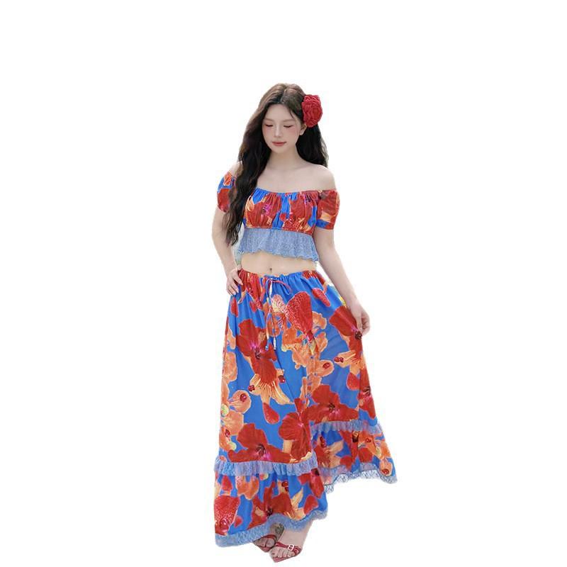 Plus Size Floral Print Bikini Set With Cover Up Skirt Beach Vacation Women Swimwear Three Piece