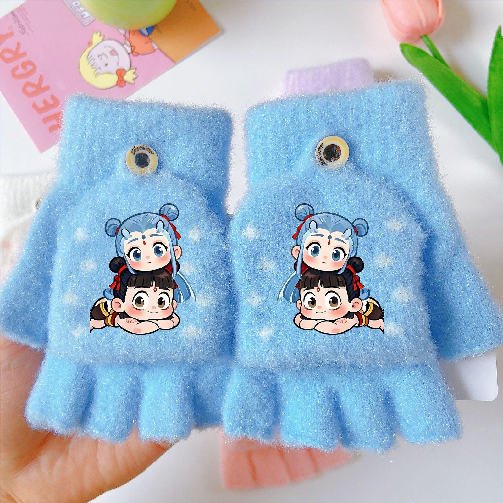 

Kids Cute Nezha & Aobing Cartoon Flip-Top Winter Gloves - Thick, Warm, Half-Finger Design for Boys & Girls One Size небесно-голубой