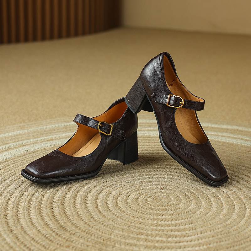 Krazing Pot Sheepskin Fashion Summer Spring Autumn Thick High Heels Metal Buckle Women  European Design Square Toe Pumps