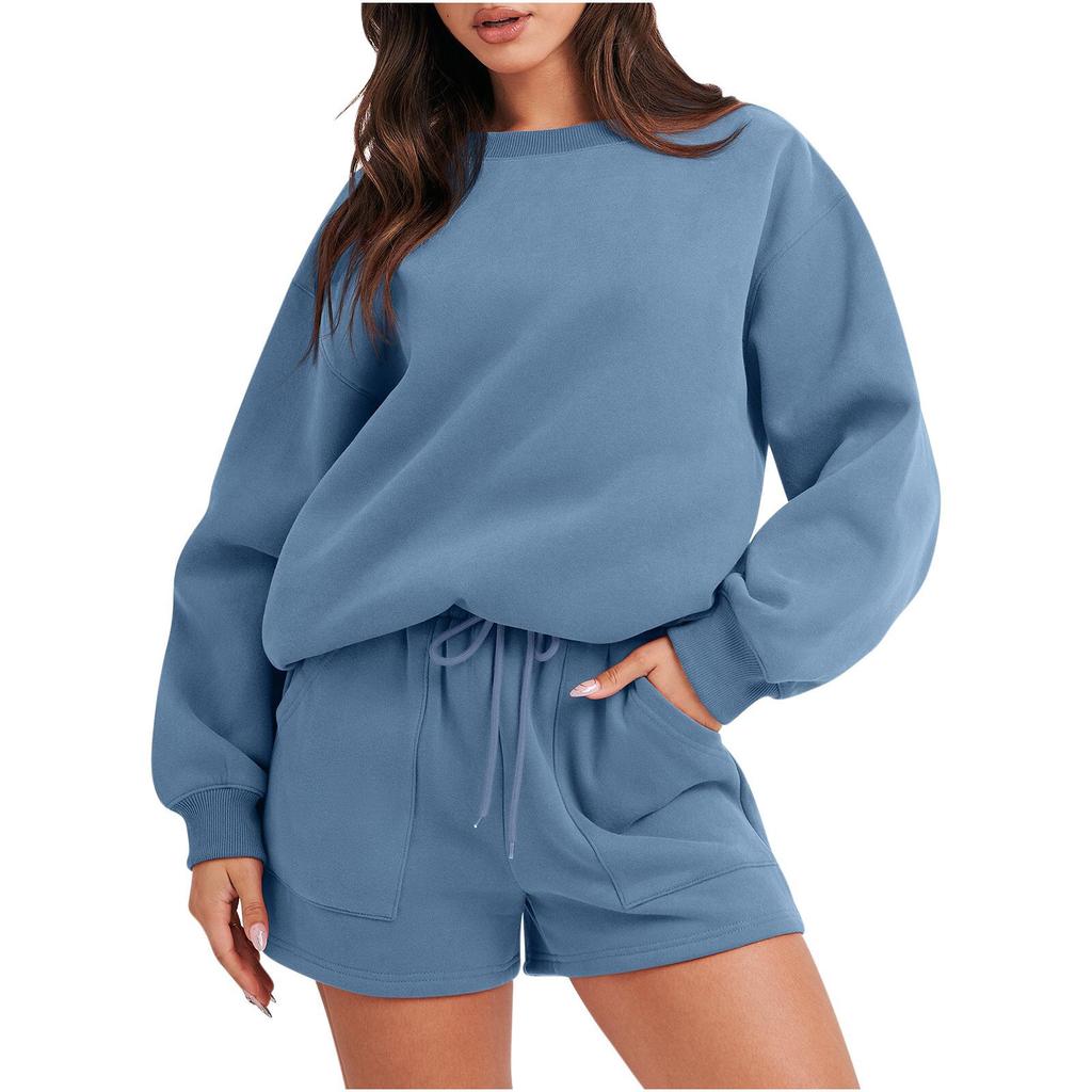 Women's Fashion Sportswear Casual Long-Sleeved Pullover Sweatshirt Drawstring Shorts Set