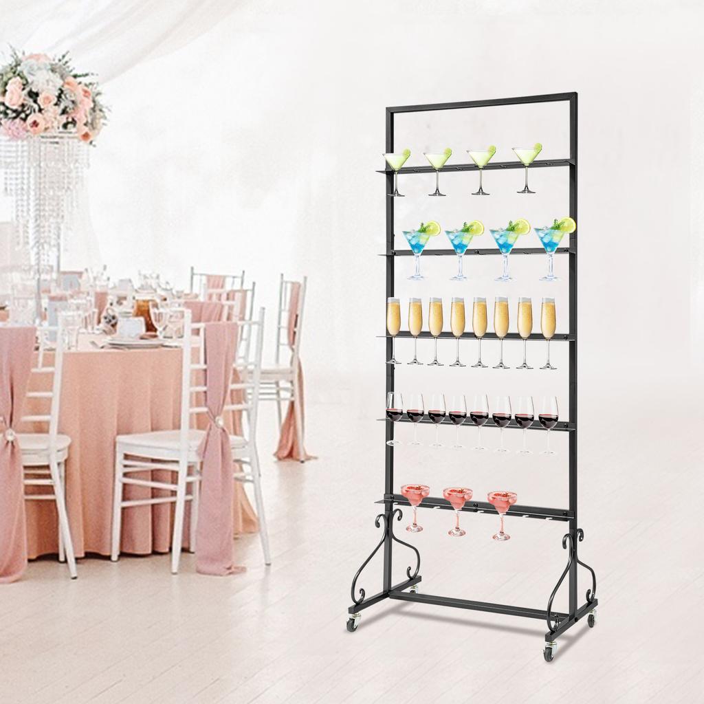 5-Tier 40-Cup Champagne Glass Rack, Black Iron Display Stand for Bar, Wall Mount Wine Glass Holder Shelf, Storage Organizer