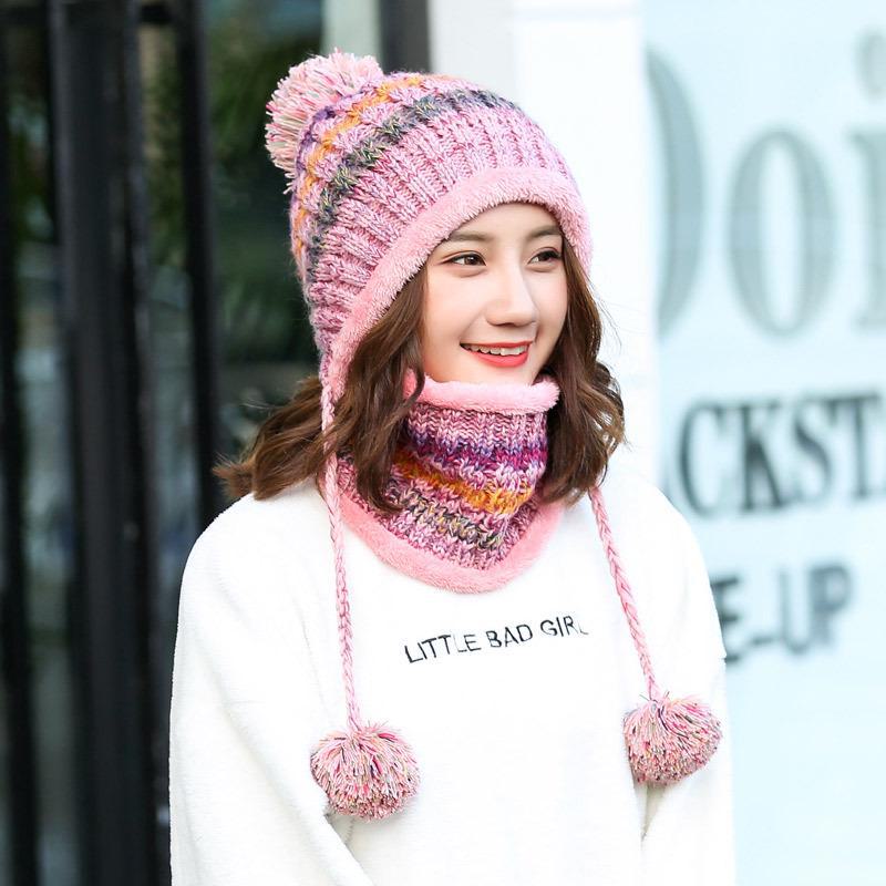 Korean Style Women's Knit Earmuff Hat and Scarf Set - Plush, Thick, and Trendy for Outdoor Warmth.