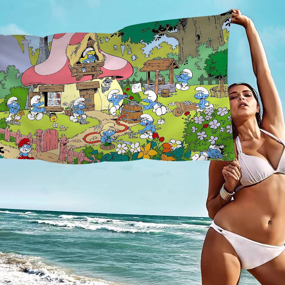 Cartoon Cute S-Smurfs Anime Beach Swimming Towel Soft Absorbent Washcloth Children's Gifts for Kids Travel Camping Gym
