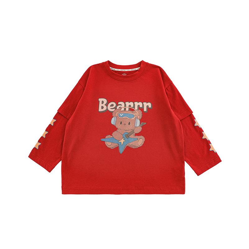 Wulibu Girls' Cartoon Print Faux Two-Piece Ribbed T-Shirt - Cute, Casual Spring 2025 Trend.