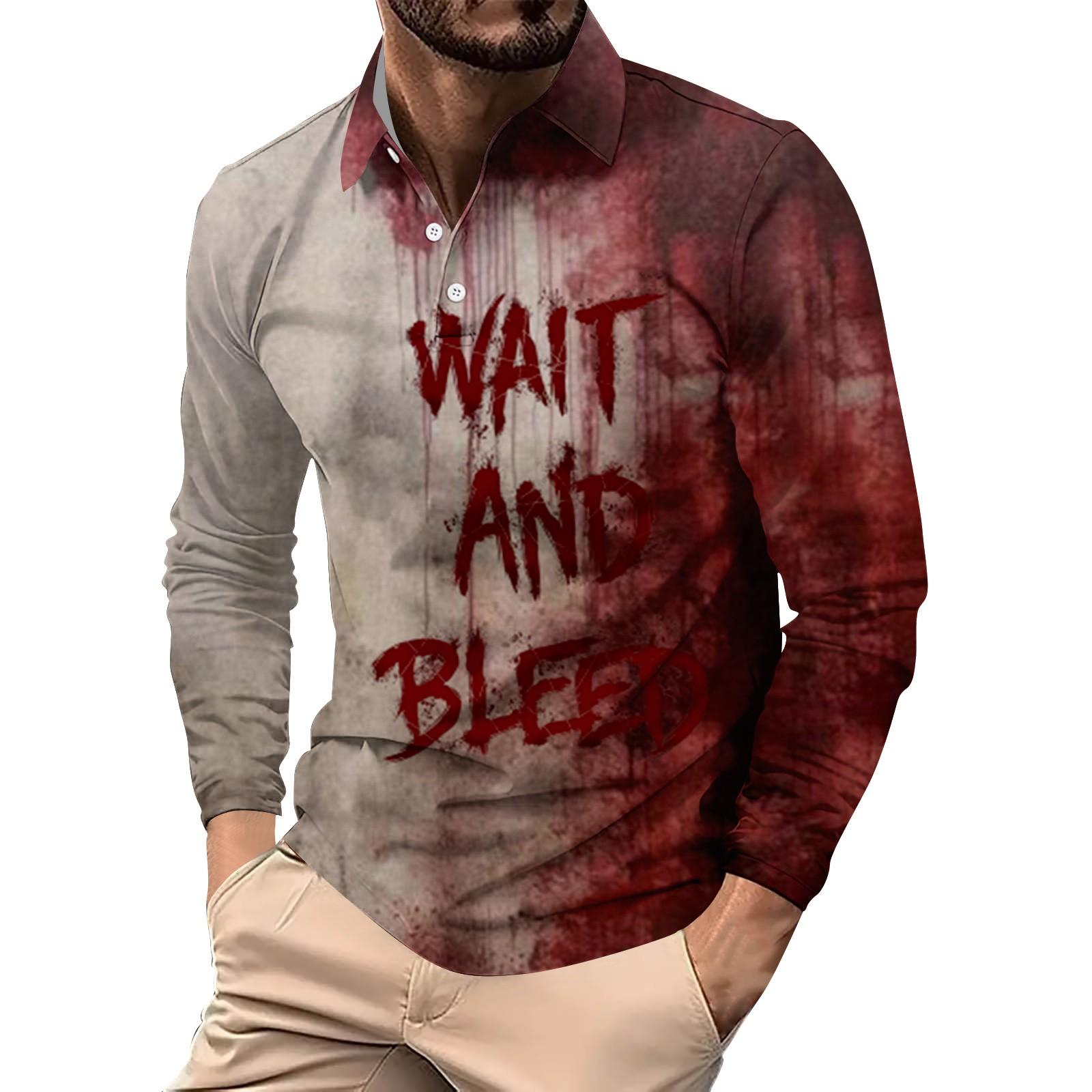 

Мужской свободный и повседневный топ с длинными рукавами на пуговицах с лацканами и принтом букв на Хэллоуин XL