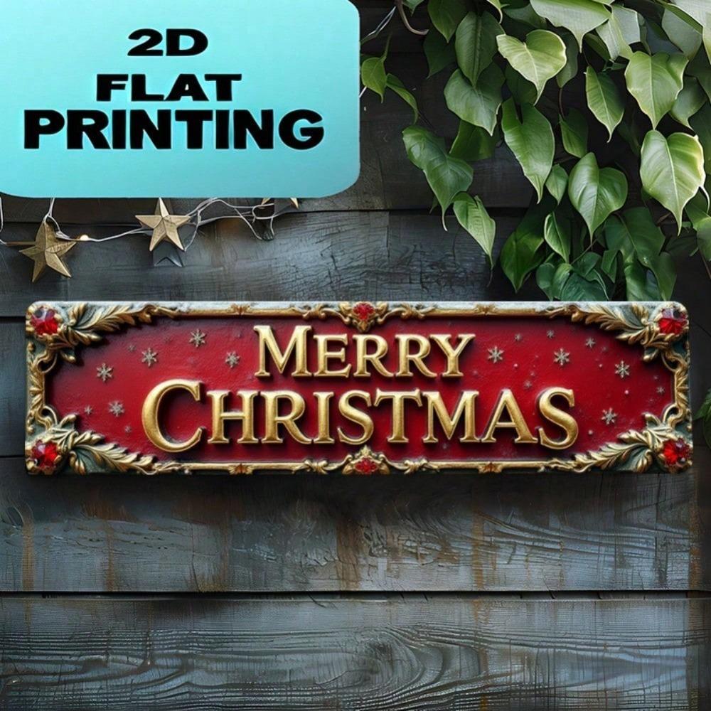 2D Flat Vintage Merry Christmas Metal Wall Sign 4x16 Inch, Golden Lettering Red Green Holiday Decor with Holly Berry Wreath Border, Rustic Easy-Hang