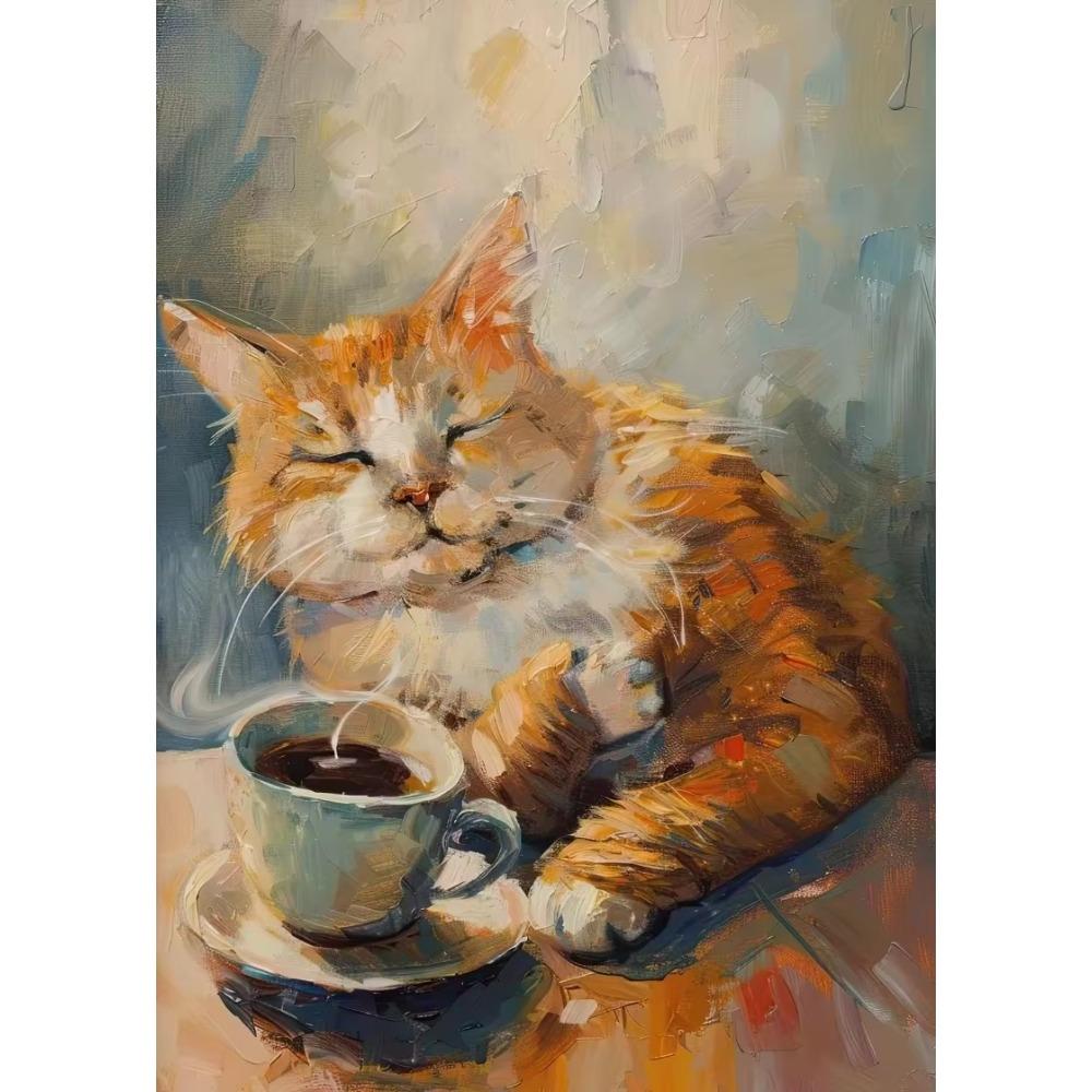 Oranje Kat Liggend Zonnebloem Poster Schattige Katten Koffie Drinken Canvas Schilderij Wandkunst Afbeelding voor Woonkamer Huis Muurschildering