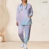 Women Plus Size Pink Purple Printed Nurse Scrub Set V Neck Long Sleeve Pocket Top And Long Pants