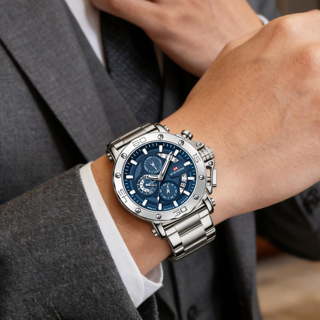Men Multifunctional Sports Timing 46mm Clock Silver Stainless Steel Strap Fashion Luminous Dial Waterproof Quartz Watch for Men