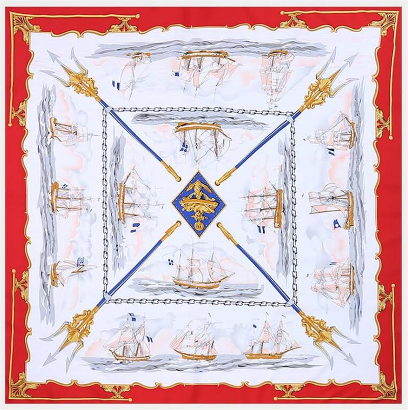 POBING 100% Silk Scarf Women Large Shawls Spain Warship Print Stoles Square Bandana Hijab Luxury Kerchief Female Foulards 130CM