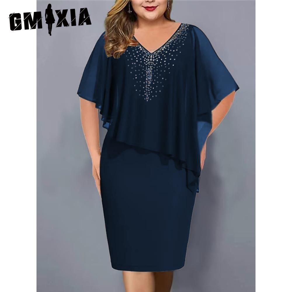 

GMXIA Женское платье большого размера с V-образным вырезом, асимметричное, облегающее ягодицы, шифоновое платье с пайетками(L-5XL) XXXXXL