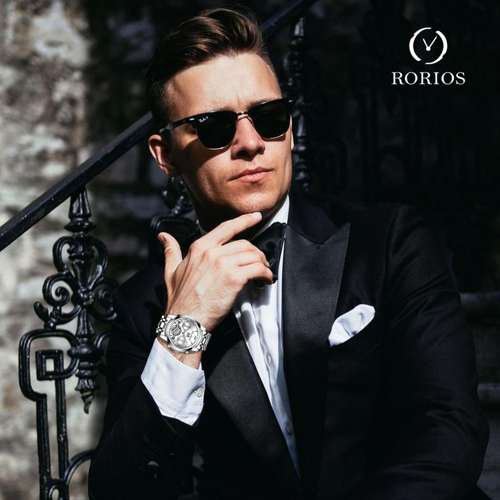 RORIOS Men's Luxury Mechanical Watch, Automatic Wristwatch, Men's Business Watch, Luminous, Date Display, Stainless Steel Band, Waterproof, Birthday
