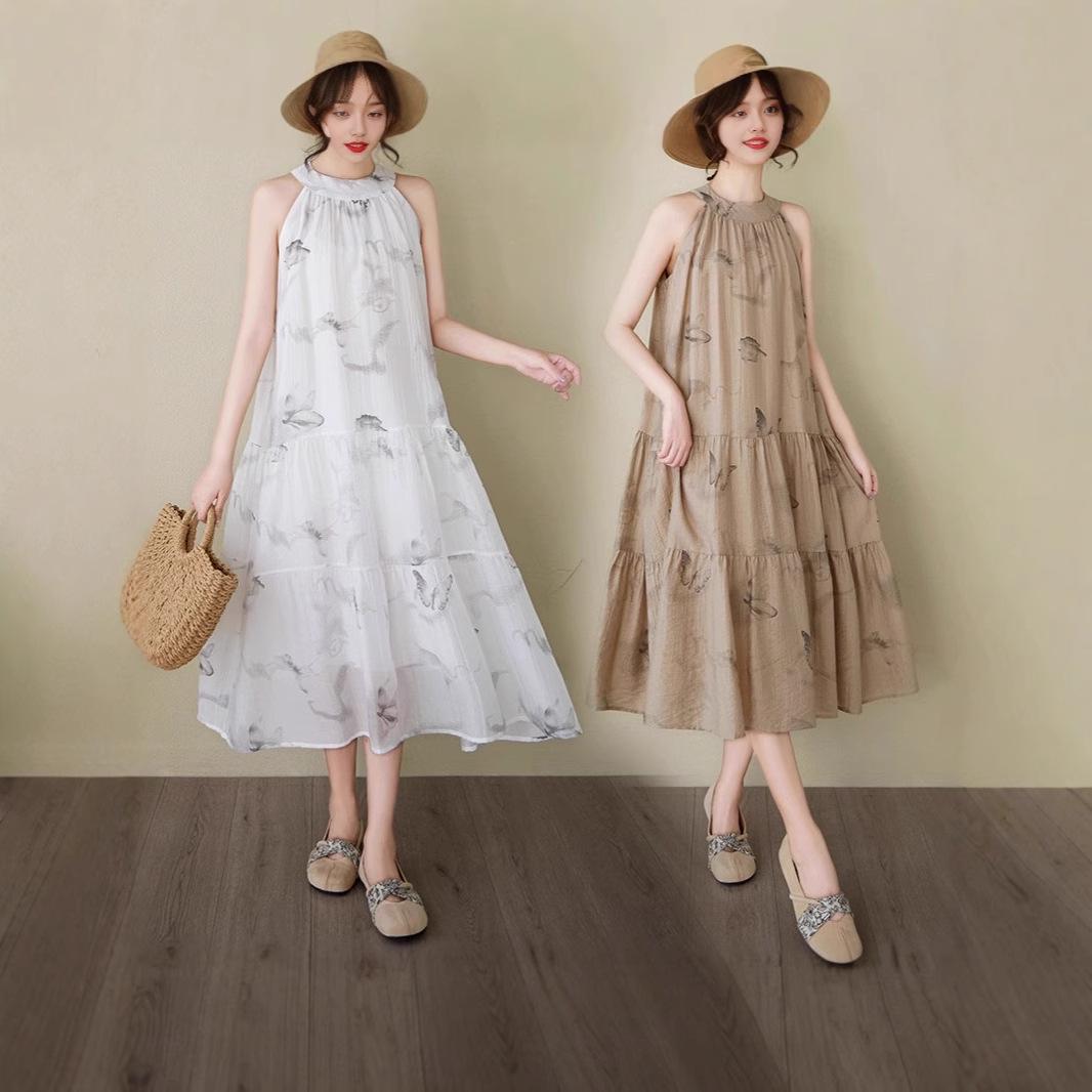 

2025 Summer Double Layer Cotton Linen A-Line Print Dress for Women XL