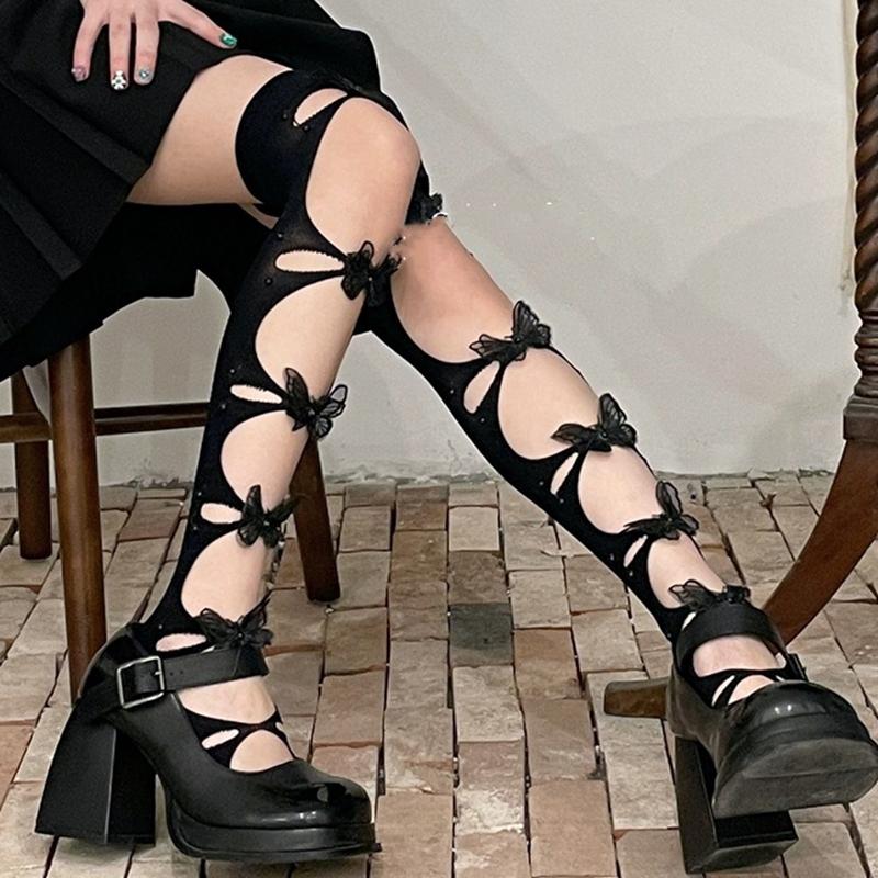 Butterfly in The Socks for Women Lolita Design Hollow Out Summer Stockings Street Thigh Long Socks Black Beige JK Over Knee Sock
