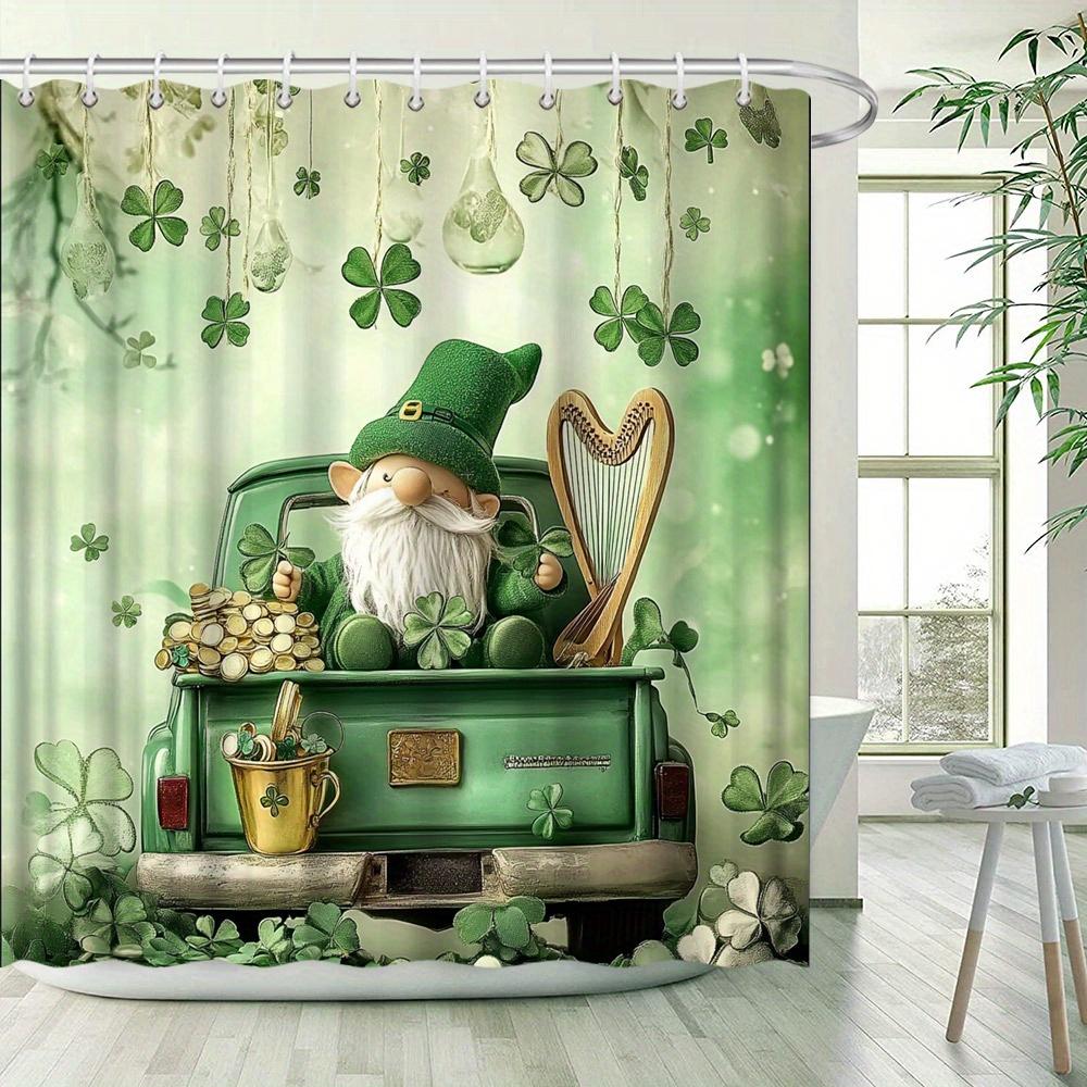 St. Patrick'S Day Shower Curtain - Leprechaun, Green Hat & Shamrocks, Floating Clovers & Harp, Water-Resistant Polyester