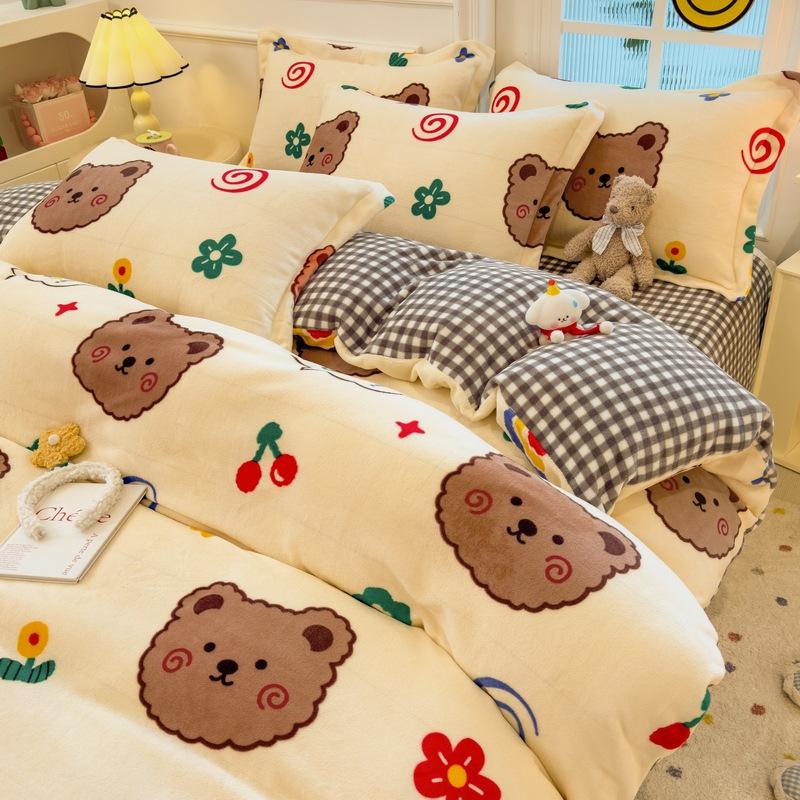 Thickened Milk Fleece Four-Piece Set, Coral Flange Double-Sided Fleece Quilt Cover, Bed Sheet, Bed Hat Three-Piece Set