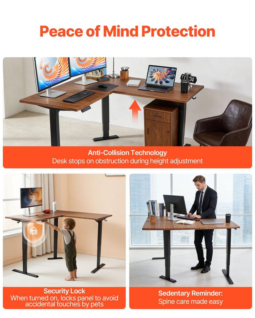 VEVOR Standing Desk Frame Triple Motor, Electric 3 Leg Corner Table Legs, Adjustable Height 60-125 Cm