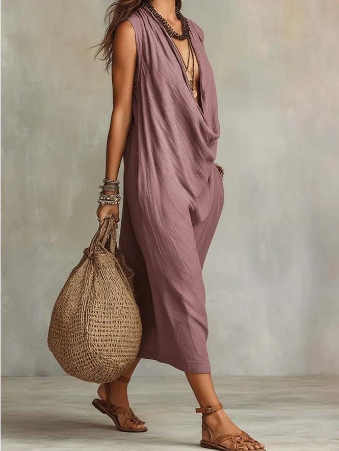 2026 Women's Casual Sleeveless Loose Swing Neck Cotton Linen Holiday Dress