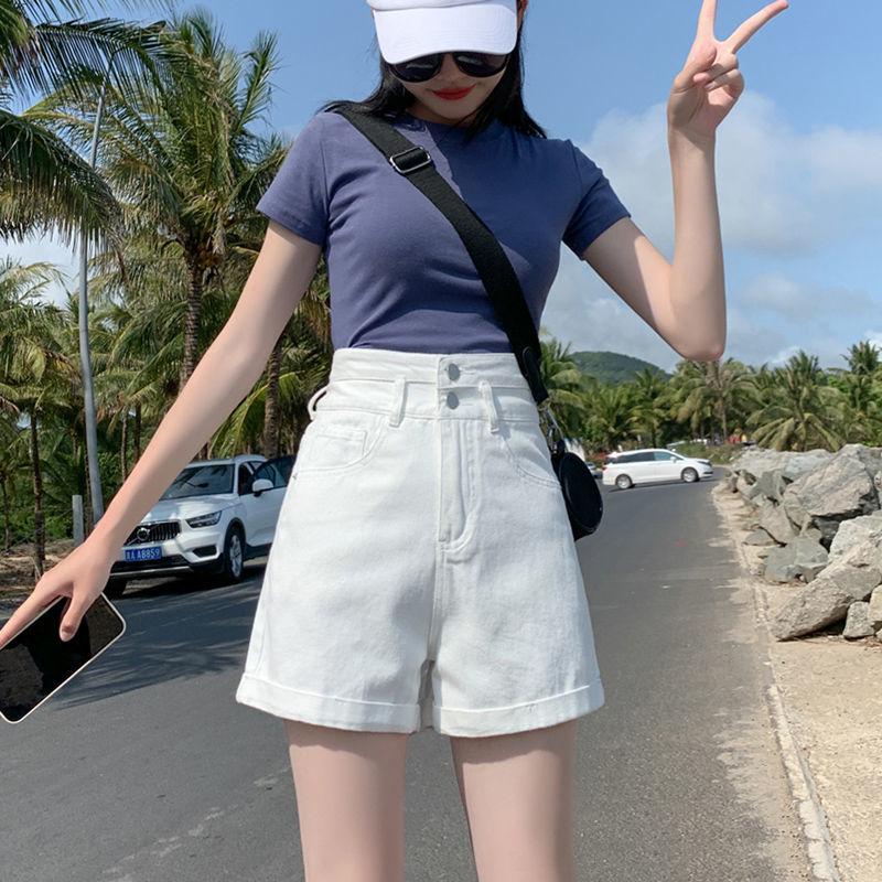Women's High Waist A-Line Denim Shorts - Summer Straight Leg, Double Button, Loose Fit with Rolled Hem, Trendy Wide Leg Design