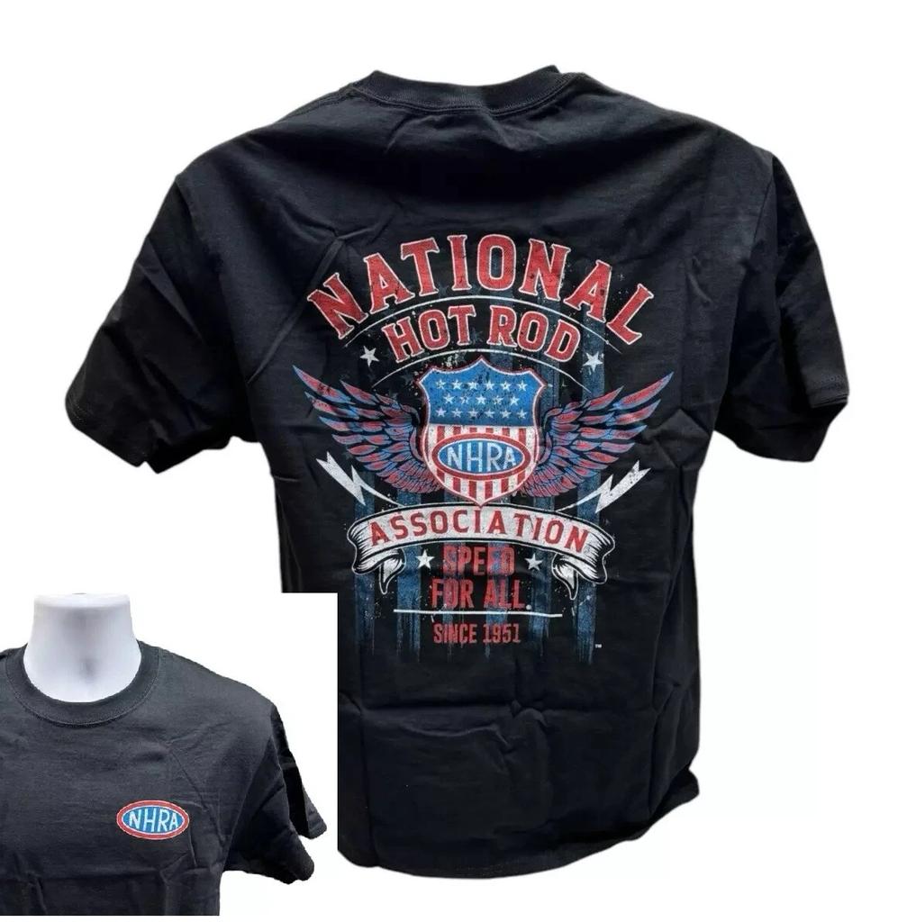 T-shirt Nera NHRA Drag Racing Vintage Speed For All Bandiera Americana